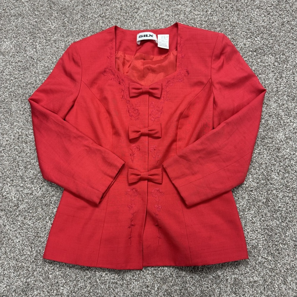 Silx Blazer Jacket Womens 8P Red Silk Bows Embroidered Lined Formal Wedding